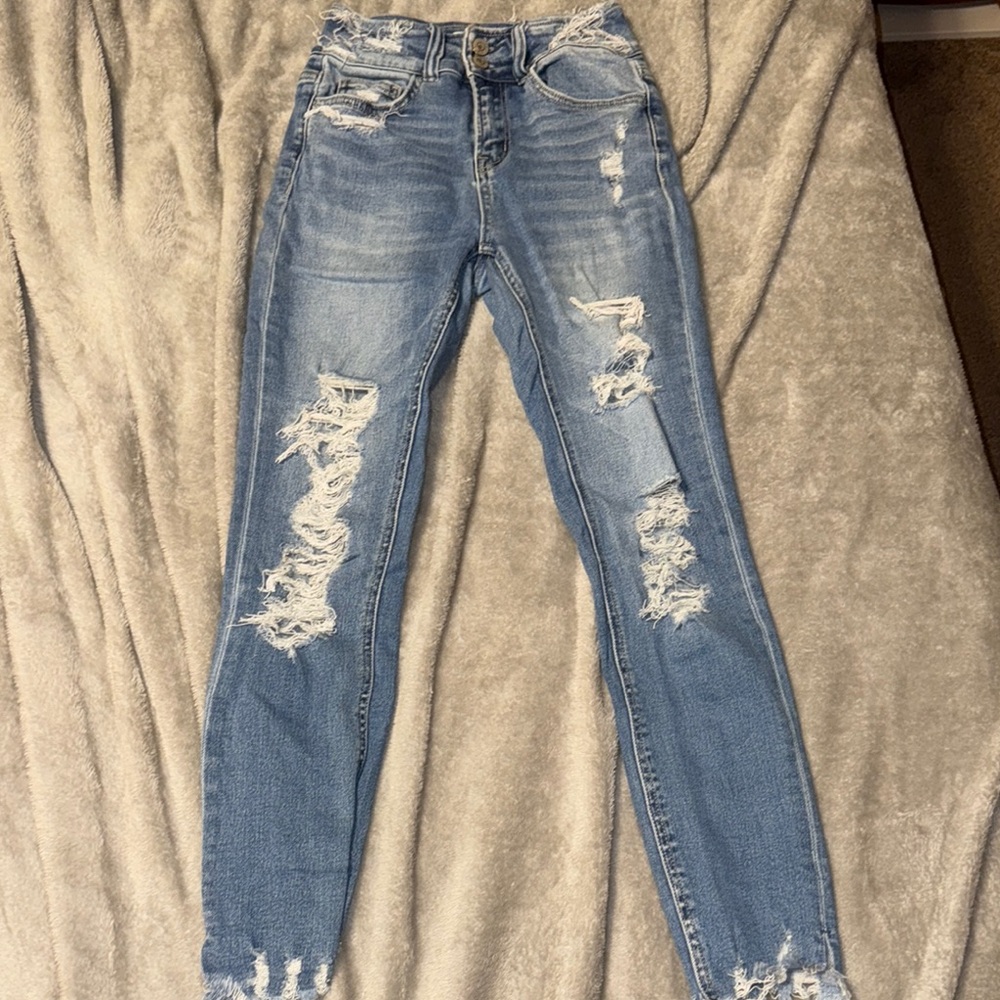 Blue Skinny Distressed Jeans with Frayed Details